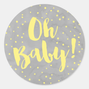 Oh Baby-graue und gelbe Aquarell-Babyparty Runder Aufkleber