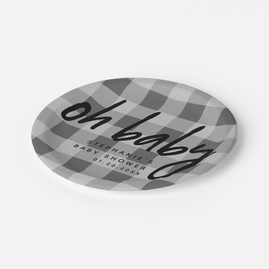 Oh Baby | Gray Gingham Baby Shower Pappteller (Schrägansicht)
