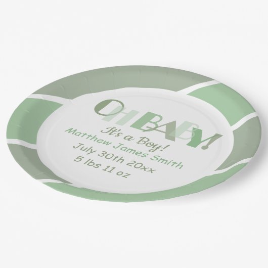 Oh Baby Green Typografy Baby Shower Paper Plate Pappteller (Schrägansicht)