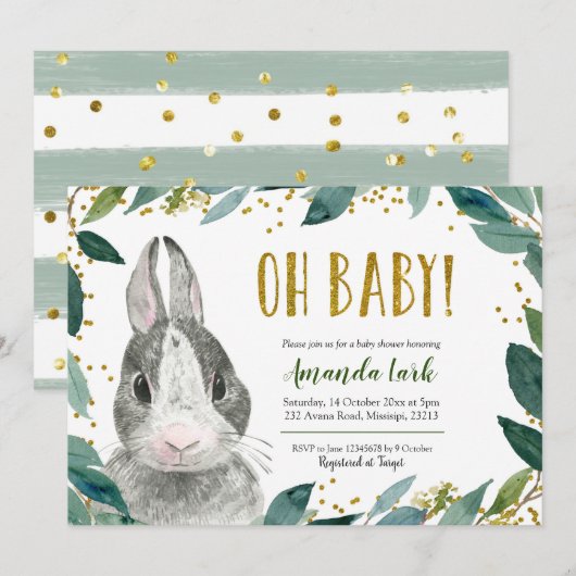 Oh Baby Greenery Bunny Baby Shower Einladung (Vorne/Hinten)