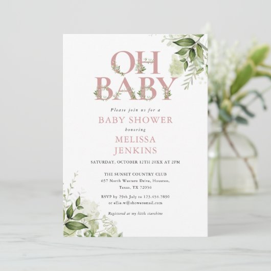 Oh Baby Greenery Dusty Rose Foto Babydusche Einladung (Stehend Vorderseite)