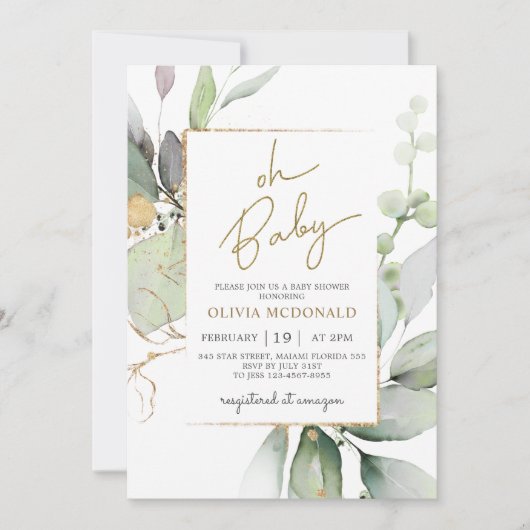Oh Baby Greenery Gold Frame Eucalyptus Einladung (Vorderseite)