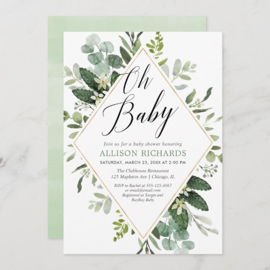 Oh baby Greenery Gold geschlechtsneutrale Babydusc Einladung (Vorne/Hinten)