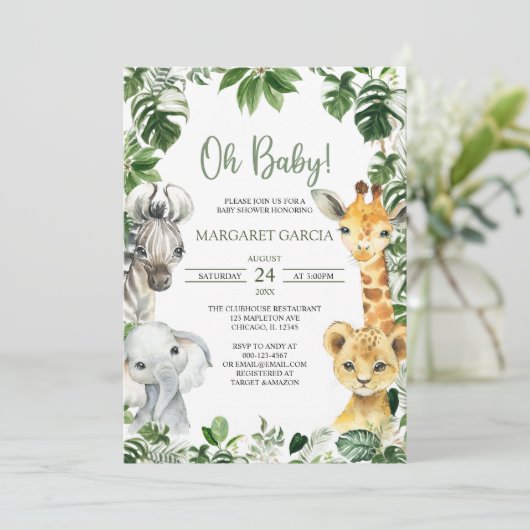 Oh Baby Greenery Jungle Safari Animals Baby Dusche Einladung (Stehend Vorderseite)