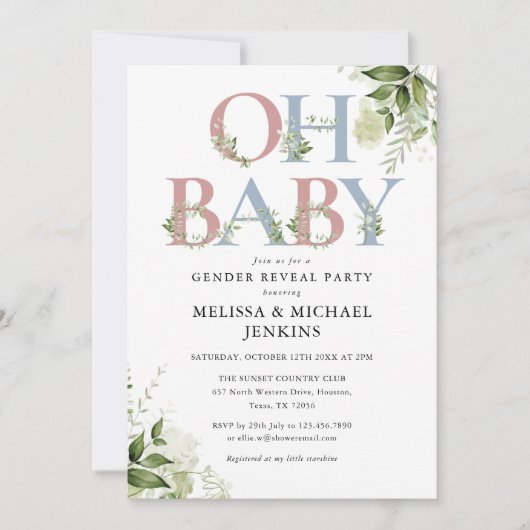 Oh Baby Greenery Letter Gender Reveal Party Einladung (Vorderseite)