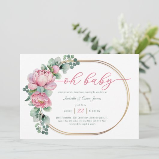 Oh Baby Greenery und Pink Floral Girl Babydusche Einladung (Stehend Vorderseite)