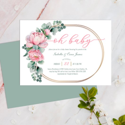 Oh Baby Greenery und Pink Floral Girl Babydusche Einladung