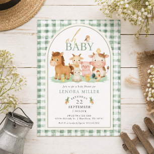 Oh Baby! Grüne Gingham-Bauernhoftiere-Baby-Party Einladung