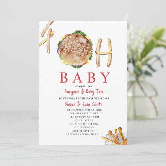 Oh Baby Hamburger und Fries Co Ed Baby Shower Invi Einladung (Stehend Vorderseite)