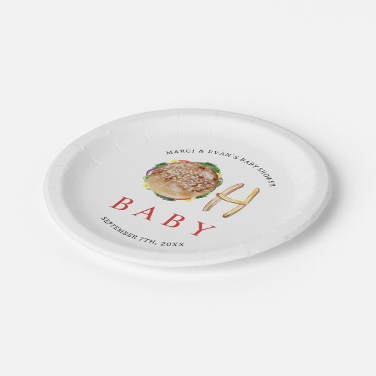 Oh Baby Hamburger und Fries Co Ed Baby Shower Pappteller (Schrägansicht)