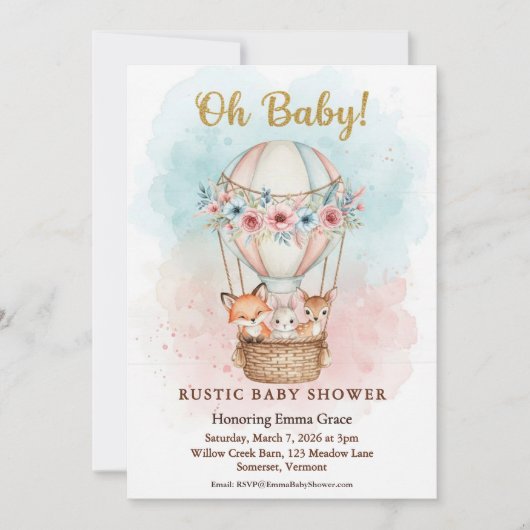 Oh Baby Heißluftballon Blumen-Einladung Einladung (Vorderseite)