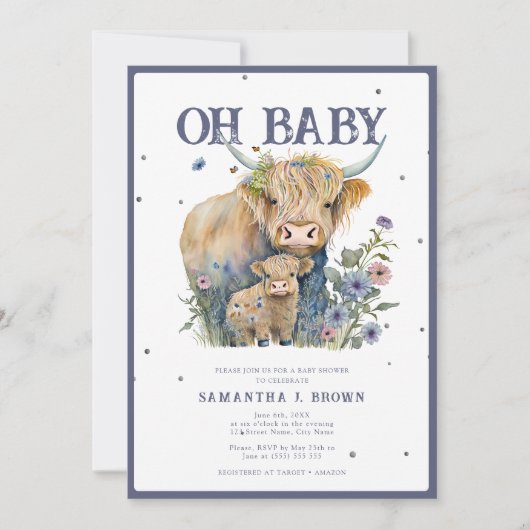 Oh Baby Highland Cow Elegant Baby Shower Einladung (Vorderseite)