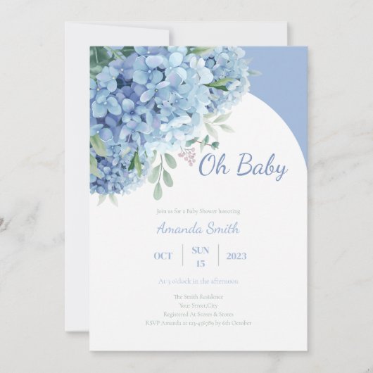 Oh Baby Hydrangea Dusty Blue Baby Dusche Einladung (Vorderseite)