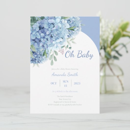 Oh Baby Hydrangea Dusty Blue Baby Dusche Einladung (Stehend Vorderseite)