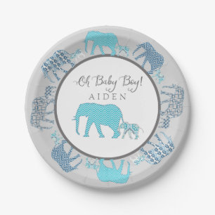 Oh Baby-Jungen-gemusterte Elefant-Zickzack Pappteller