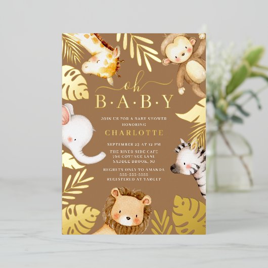 Oh Baby Jungle Baby Shower Foil Einladung (Stehend vorne)