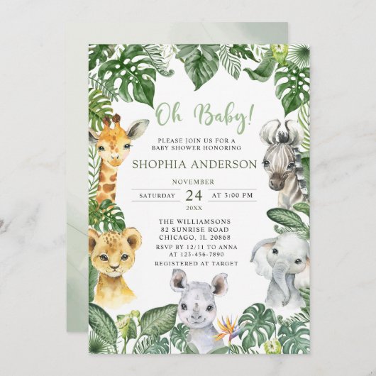 Oh Baby Jungle Safari Animals Baby Dusche Einladung (Vorne/Hinten)