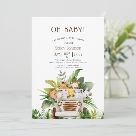 Oh Baby Jungle Safari Zoo Animals Baby Dusche Einladung (Stehend Vorderseite)