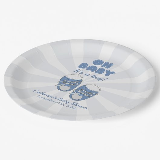 Oh Baby | Kinderschuhe Dusty Blue Boy Baby Shower Pappteller (Schrägansicht)