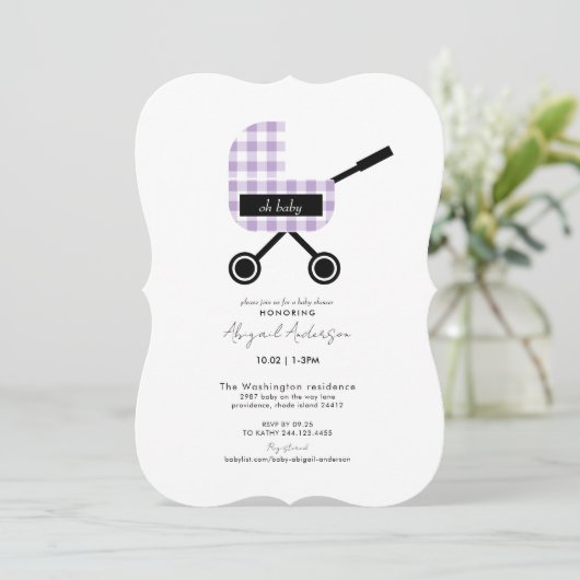 Oh Baby Lavender Gingham Pram Babydusche Einladung (Stehend Vorderseite)