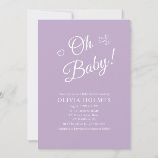 "Oh Baby" Lavender Moderne Minimalistische Babydus Einladung (Vorderseite)