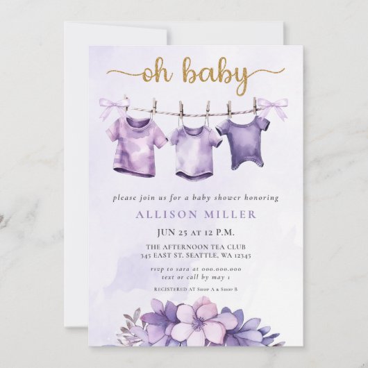 Oh Baby Lila Baby Clothesline Girl Baby Dusche Einladung (Vorderseite)