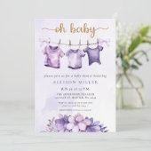 Oh Baby Lila Baby Clothesline Girl Baby Dusche Einladung (Stehend Vorderseite)