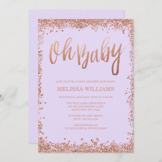 Oh Baby Lilac Imitats Rose Gold Glitzer Baby Dusch Einladung (Vorne/Hinten)