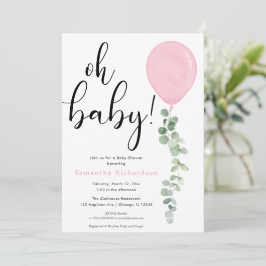 Oh Baby Mädchen rosa Ballon Eukalyptus Babydusche Einladung (Stehend Vorderseite)