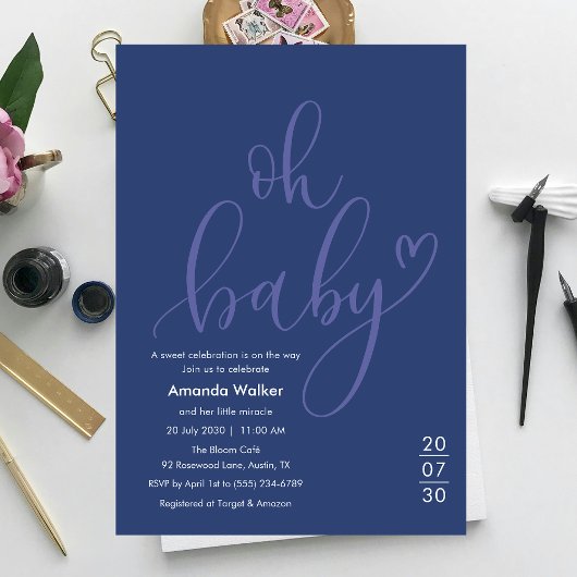 Oh Baby! Minimal Typography Blue Baby Shower  Einladung