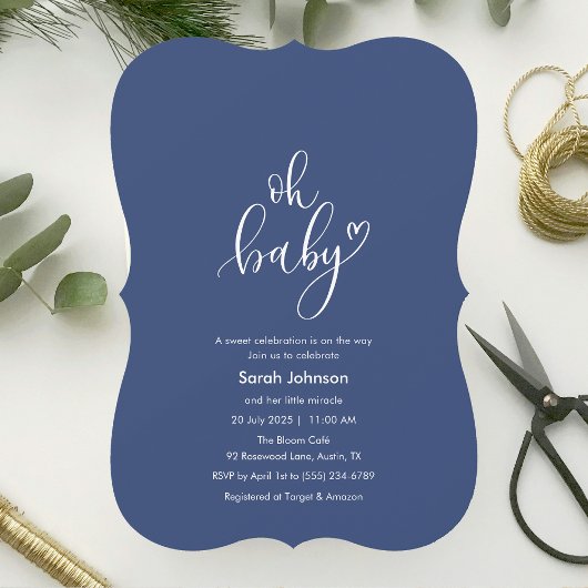 Oh Baby! Minimal Typography Blue Baby Shower Einladung