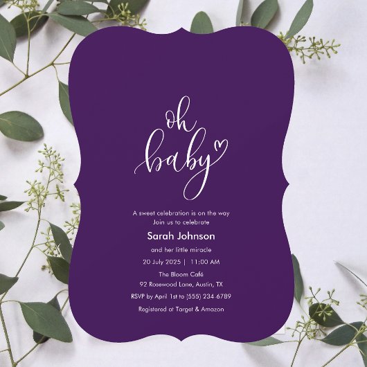 Oh Baby! Minimal Typography Purple Baby Shower Einladung