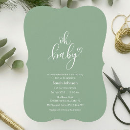 Oh Baby! Minimal Typography Sage Green Baby Shower Einladung