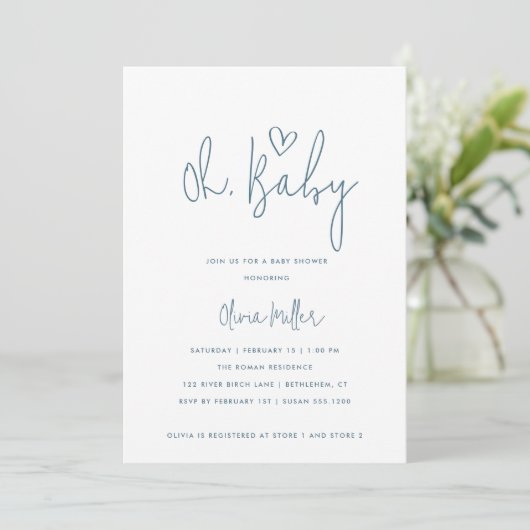 Oh Baby Minimalistisch Dusty Blue & White Baby Dus Einladung (Stehend Vorderseite)