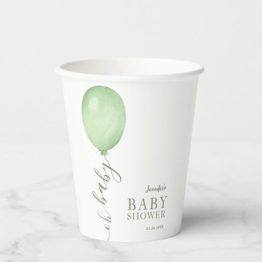 Oh Baby Minimalistisch Sage Green Balloon Babydusc Pappbecher (Vorderseite)