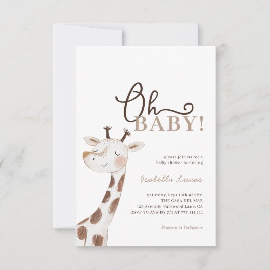 Oh, Baby! Minimalistische Giraffe Baby-Dusche Einladung (Vorderseite)