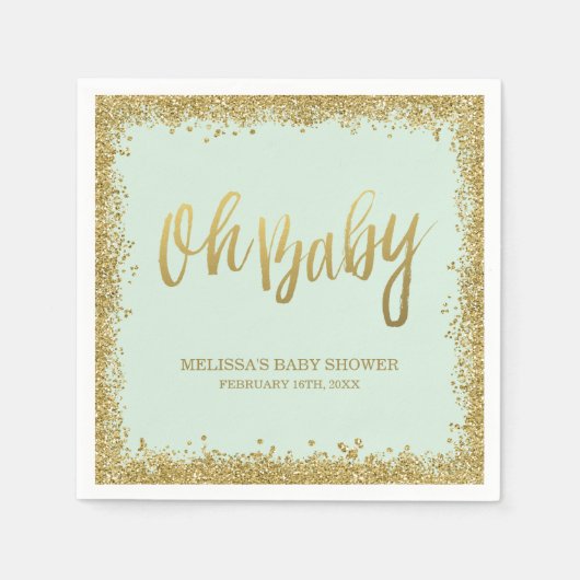Oh Baby Mint Gold Glitzer Babydusche Serviette (Vorderseite)