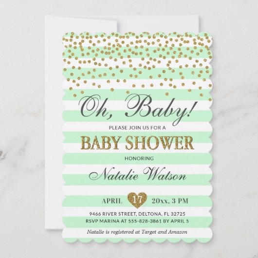 Oh Baby Mint Green Gold Gender Neutral Baby Dusche Einladung (Vorderseite)