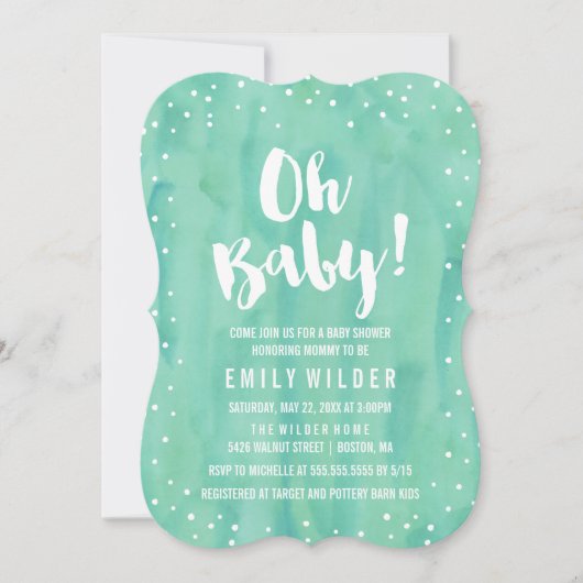Oh Baby Mint Green Watercolor Babydusche Einladung (Vorderseite)