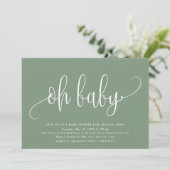 Oh Baby Modern Calligraphy Sage Green Baby Dusche Einladung (Stehend Vorderseite)