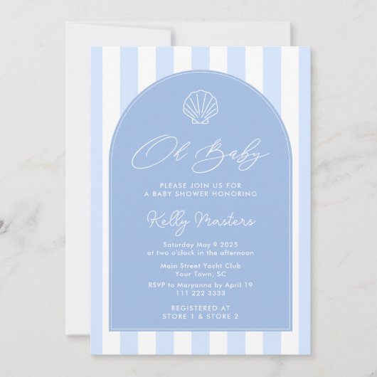 Oh Baby Modern Coastal Blue and White Baby Dusche Einladung (Vorderseite)