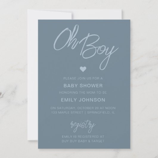 Oh Baby Modern Minimal Dusty Blue Boy Baby Dusche Einladung (Vorderseite)