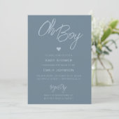 Oh Baby Modern Minimal Dusty Blue Boy Baby Dusche Einladung (Stehend Vorderseite)