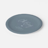 Oh Baby Modern Minimal Dusty Blue Boy Baby Dusche Pappteller (Schrägansicht)