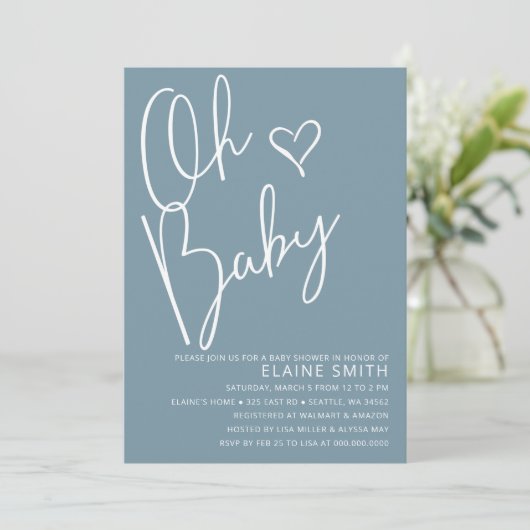 Oh Baby Modern Niedlich Blue Boy Baby Dusche Einladung (Stehend Vorderseite)