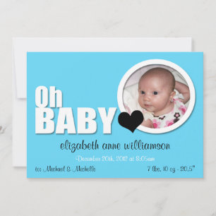 Oh Baby, moderne Aqua Blue Foto Geburtserklärung Ankündigung