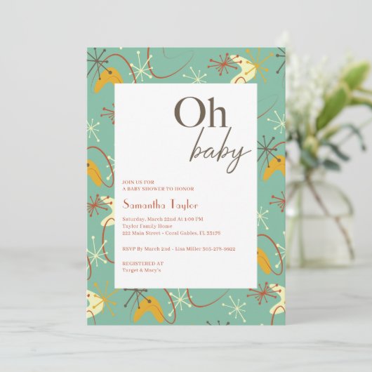 "Oh Baby" Moderne Babydusche Mitte des Jahrhundert Einladung (Stehend Vorderseite)