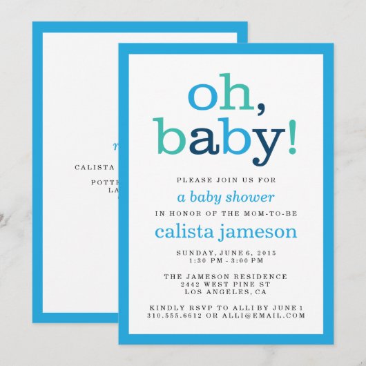 Oh, Baby! Moderne Blue Boy Baby Shower Einladungen (Vorne/Hinten)