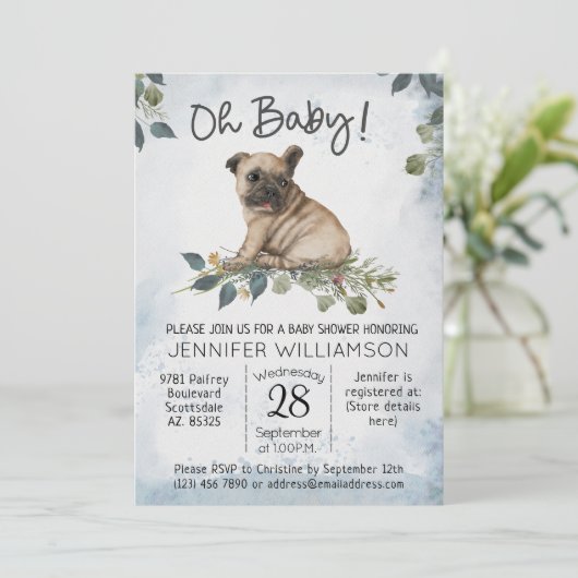 Oh, Baby! Mops Puppy Dog Babydusche Einladung (Stehend Vorderseite)