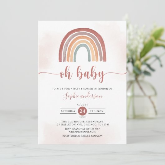 Oh Baby Mute Tones Boho Rainbow Baby Dusche Einladung (Stehend Vorderseite)